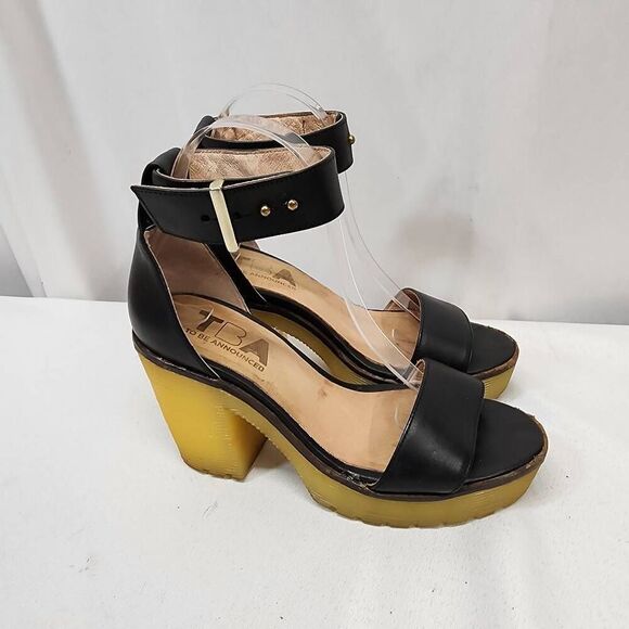 TBA To Be Announced Women's 7 Ankle-strap black Chunky Utility Thread Heel - Picture 2 of 9